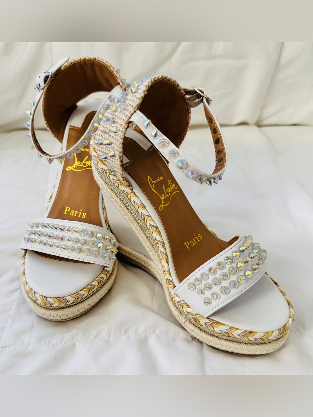 Christian Louboutin White Crystal Espadrille Wedge Sandals